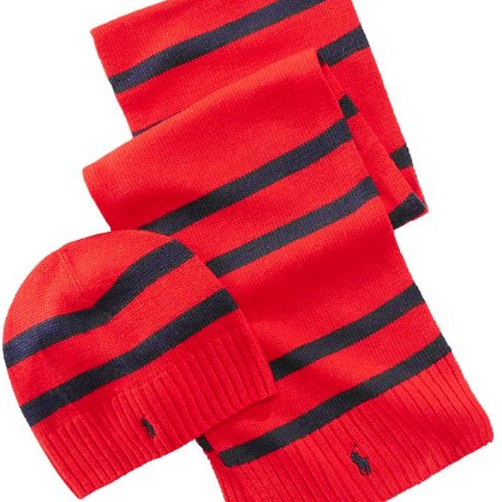 POLO RALPH LAUREN MEN'S JACQUARD BIG PONY HAT BEANIE SCARF GIFT SET RETAIL 135$
